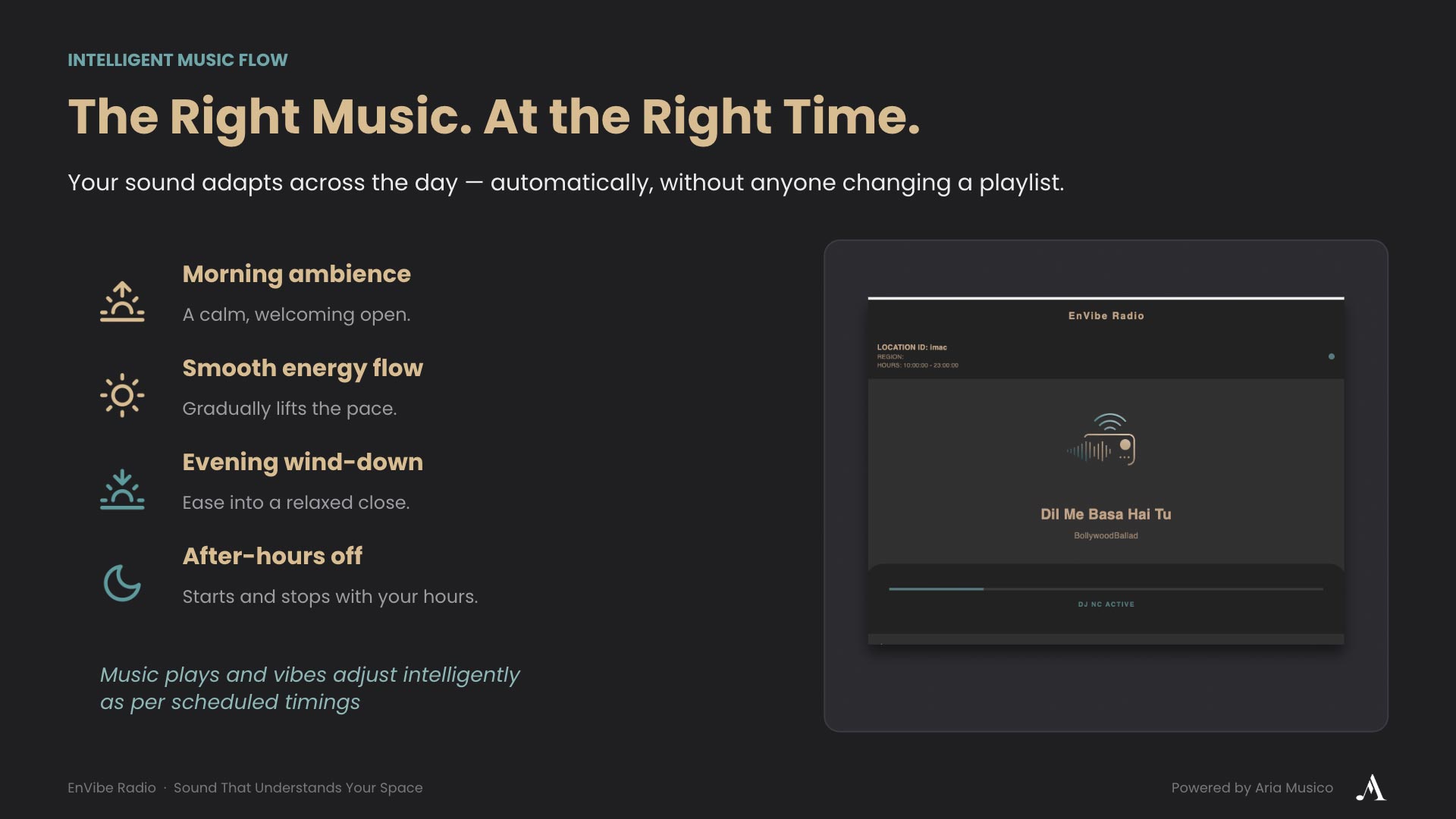 Intelligent music automation that adjusts playlists throughout the day based on business hours and ambience.
