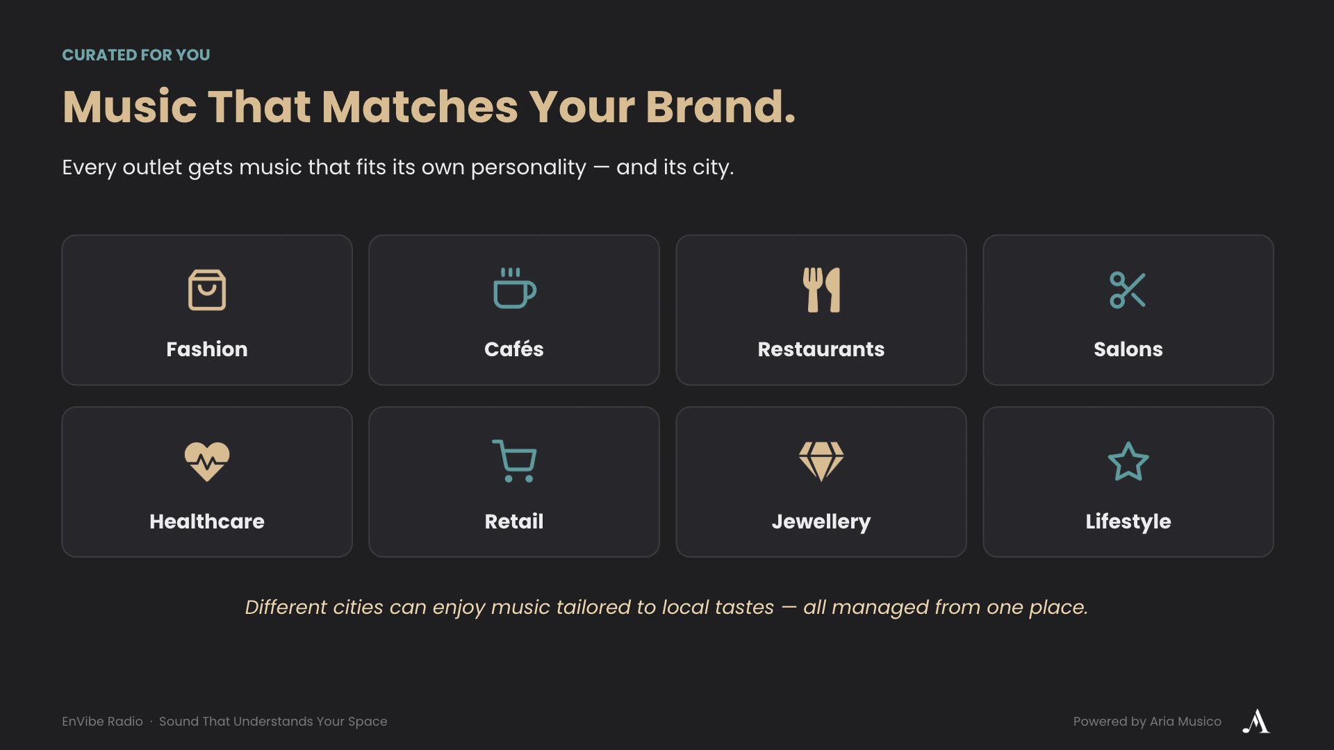 Commercial background music solution for fashion stores, cafés, restaurants, salons, healthcare, jewellery and retail businesses.