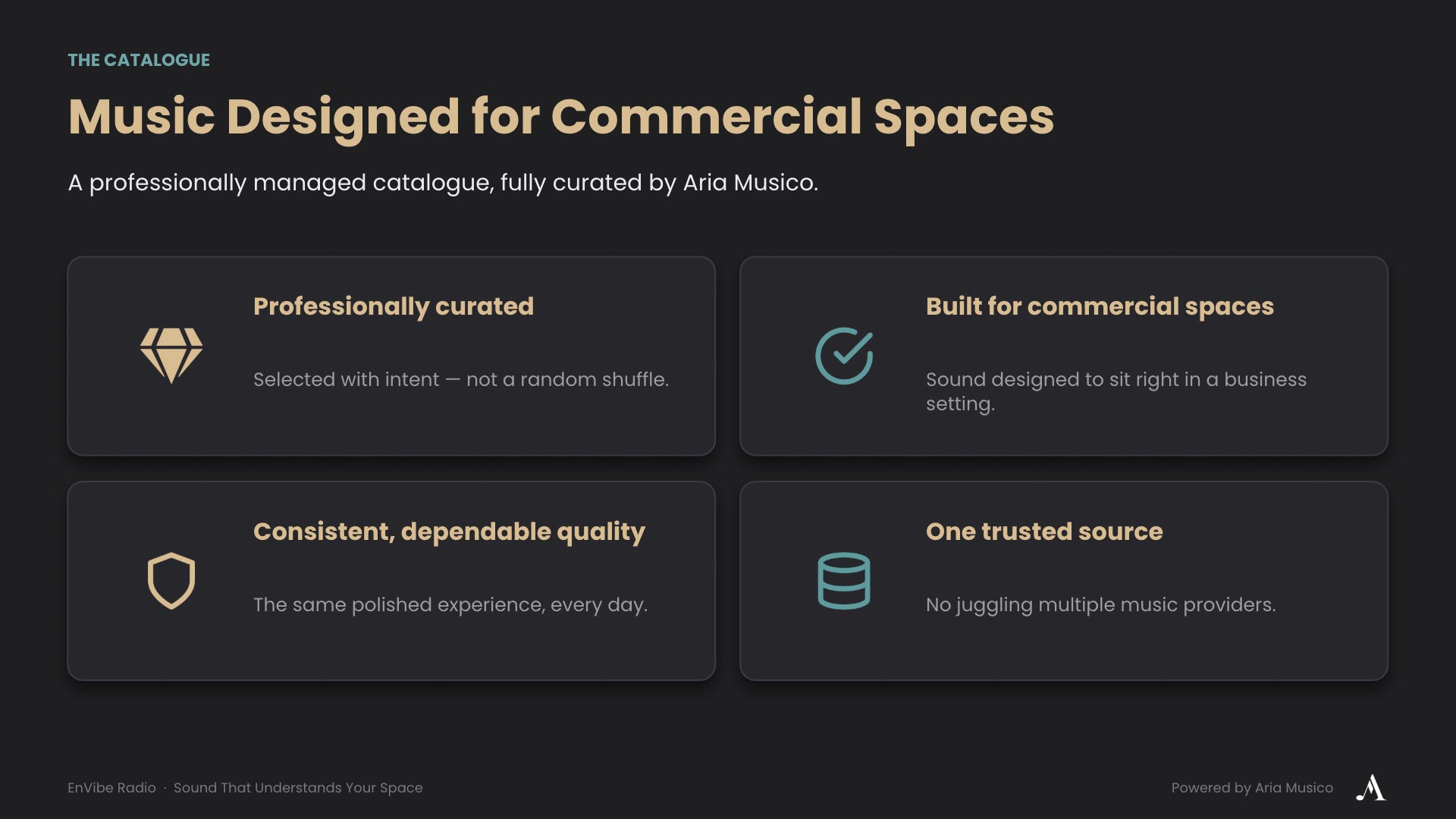 Professionally curated catalogue of original commercial background music designed for business environments.