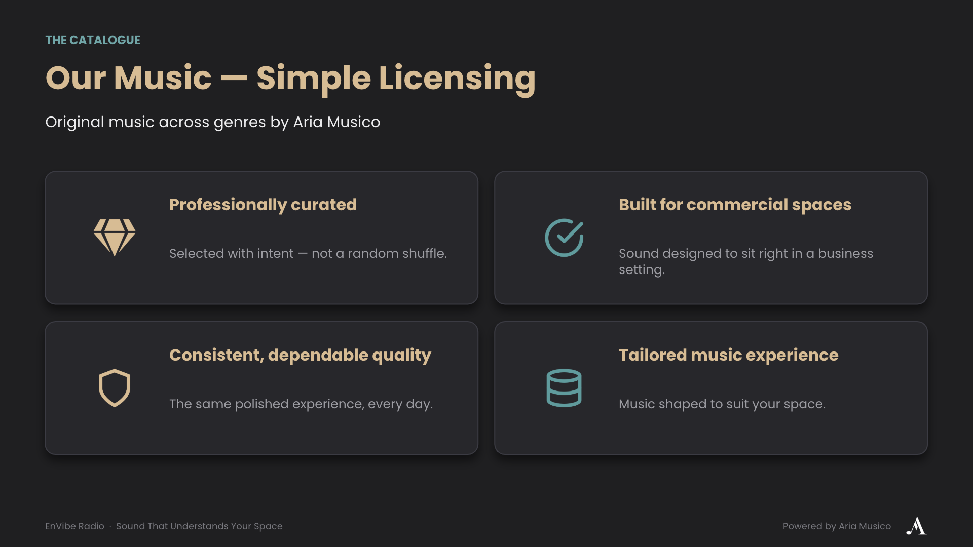 Professionally curated catalogue of original commercial background music designed for business environments.