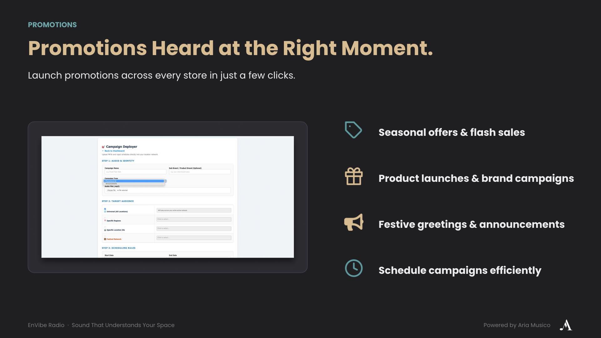 Promotion scheduling dashboard for launching advertisements, announcements and seasonal campaigns across multiple business locations.