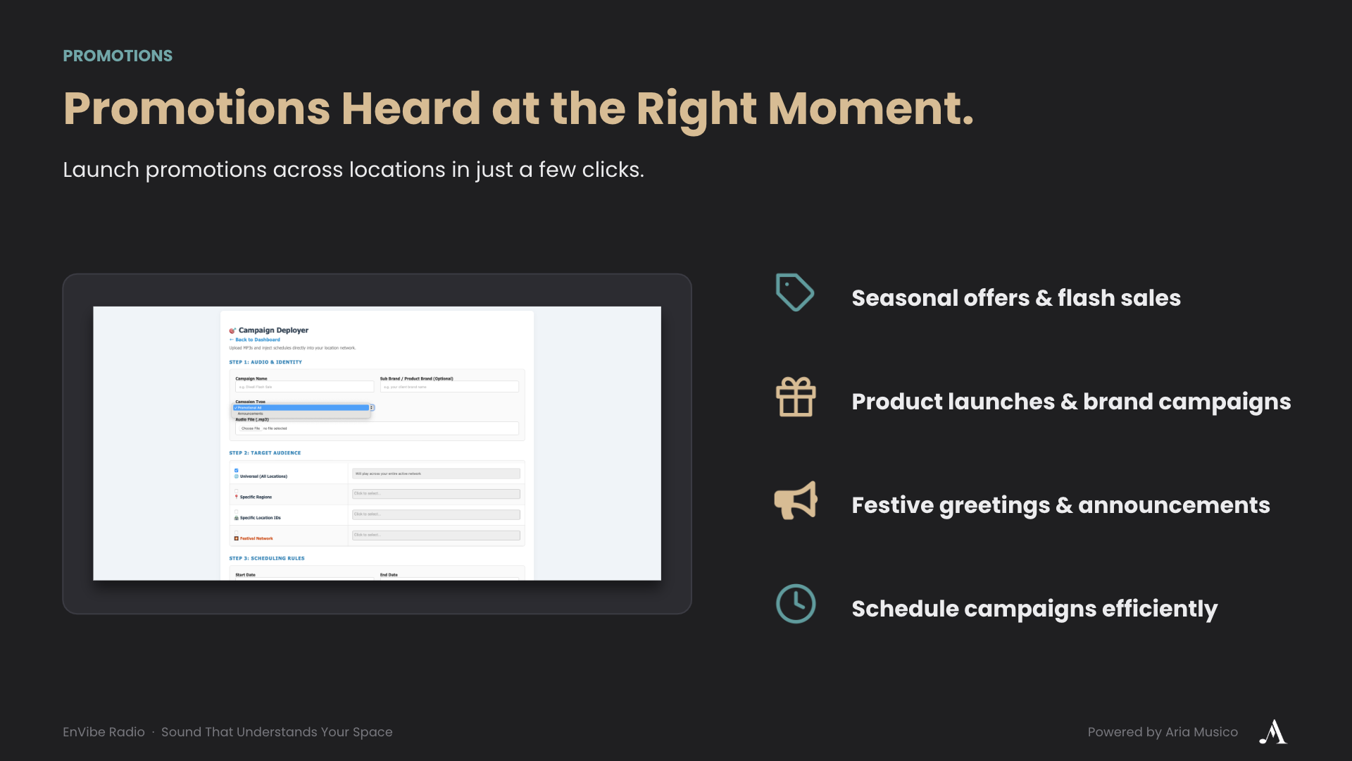 Promotion scheduling dashboard for launching advertisements, announcements and seasonal campaigns across multiple business locations.